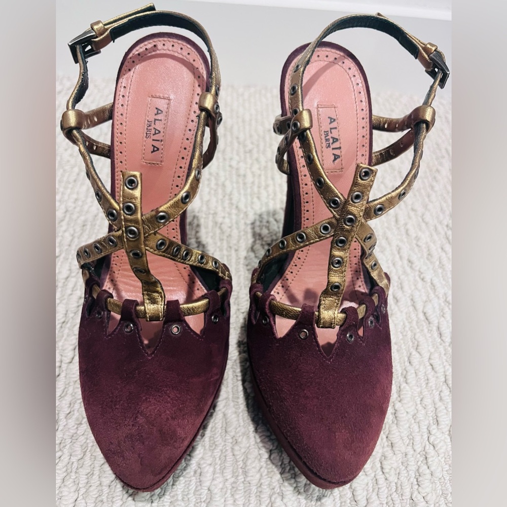 Alaia Burgundy and Gold Platform Heels never worn